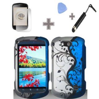 Rubberized Blue Black Silver Vine Flower Snap on Design Case Hard Case Skin Cover Faceplate with Screen Protector, Case Opener and Stylus Pen for ZTE Groove X501   Cricket: Cell Phones & Accessories