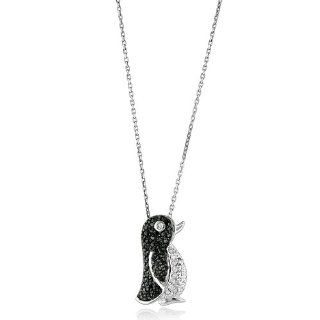 Black & White CZ Penguin Pendant/Necklace in Sterling Silver with Chain: Jewelry