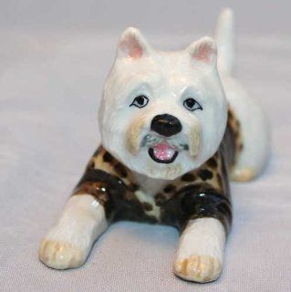 WESTIE Dog WEST HIGHLAND WHITE Terrier lays n LEOPARD Sweater New MINIATURE Figurine Porcelain KLIMA L504D   Collectible Figurines