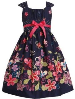 Bonnie Jean Girls 2 6X Flower Print Dress with Satin Bow, Navy, 4: Special Occasion Dresses: Clothing