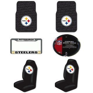 NFL Pittsburgh Steelers 6 PC Auto Accessories Combo Kit   Rubber Floor Mats, Seat Covers, Steering Wheel Cover and Chrome License Plate Frame: Automotive