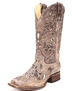 Corral Ladies Square Toe Brown Crater Bone Inlay And Studs Western Boot: Shoes