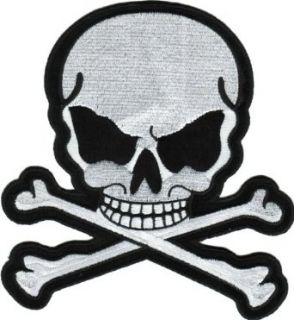 Large Black & White Skull & Crossbones   7 1/2" x 8 3/4"   Embroidered Iron On or Sew On Back Patch: Clothing
