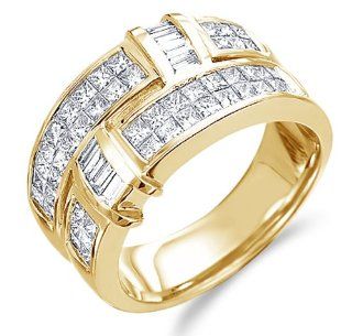 Size   11   14k Yellow Gold Diamond Wedding Anniversary Band Ladies Womens Invisible Channel Set Princess Cut Baguette Diamond Ring (1.50 cttw) Jewelry