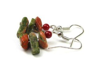 Unakite Polished Gemstone Chips with Red Bamboo Coral Dangle Earrings: Creative Ventures: Jewelry