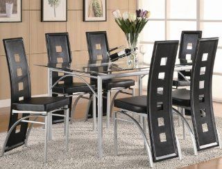 7pc Dining Set with Glass Top Metal legs Matte Silver Finish Black: Furniture & Decor