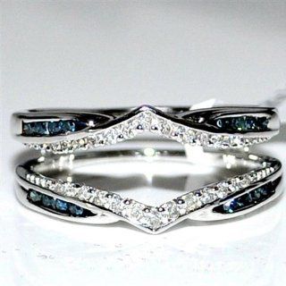 Blue and white diamond Jacket ring .31ct 14K White Gold Solitaire Enhancer Guard new: Jewelry