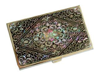 Business Card case holder   pocket size with mother of pearl illustration design arabesque "Dangchomun", colorfull stainless steel engraved : Office Products