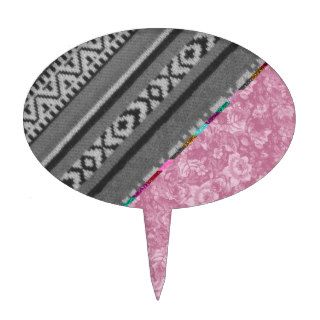 Vintage Grey Pink Tribal Aztec Floral Pattern Cake Topper