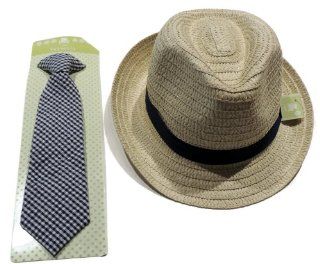 Boys Toddler Size Woven Fedora Hat and Navy Blue Plaid Clip on Tie for Dress Up, Toy, Costume Play, Easter, Church or Just for Fun Toys & Games