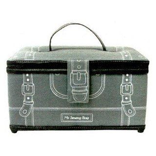 Sewing Basket Sewing Box Dark Grey Twill With White Luggage Print and Black Trim 11.125" X 6.25" X 5.75" (28.2575cm x 15.875cm x 14.605cm) with Handle and Feet