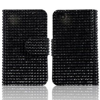 Black Bling Crystal Flip Wallet Card Leather Case Back Cover For iPhone 5 5G Cell Phones & Accessories