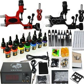 Tattoo Kit 2 Rotary Machine Gun 14 Color Ink Power Supply Needles Set: Health & Personal Care