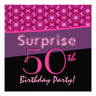 SURPRISE 50th Birthday Pink & Purple Star Pattern Custom Announcements