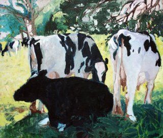 Three Graces, Giclee Print of Oil Painting of Cows By Roberta Staat, Landscape with 3 Holstein Cows Grazing in a Field  