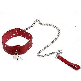 Leather Locking Rivet Neck Harness Bondage Kits Collar Restraint with Chain Leash J1281 (Red): Health & Personal Care
