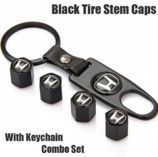 Honda Black Tire Stem Valve Caps and Black Keychain Combo Set: Automotive