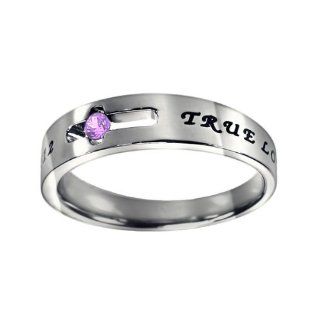 Christian Women's Stainless Steel Abstinence Cutout Cross June Birthstone Light Amethyst Colored Cubic Zirconium Solitaire "True Love Waits" 1 Timothy 4:12 Comfort Fit Chastity Ring for Girls   Girls Purity Ring: Jewelry