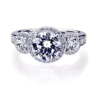 Platinum Plated Sterling Silver Wedding & Engagement Ring Three Stone Halo Ring, 2 Carat Center Stone Band Width 3MM ( Size 5 to 9): Jewelry