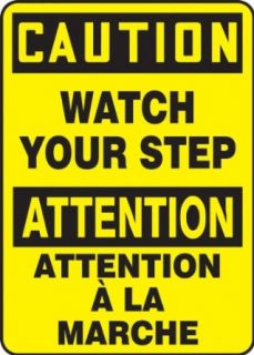 Accuform Signs FBMSTF661VA Aluminum French Bilingual Sign, Legend "CAUTION WATCH YOUR STEP/ATTENTION A LA MARCHE", 10" Width x 14" Length x 0.040" Thickness, Black on Yellow: Industrial Warning Signs: Industrial & Scientific