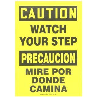 Accuform Signs SBMSTF661VS Adhesive Vinyl Spanish Bilingual Sign, Legend "CAUTION WATCH YOUR STEP/PRECAUCION MIRE POR DONDE CAMINA", 14" Length x 10" Width x 0.004" Thickness, Black on Yellow: Industrial Warning Signs: Industrial &