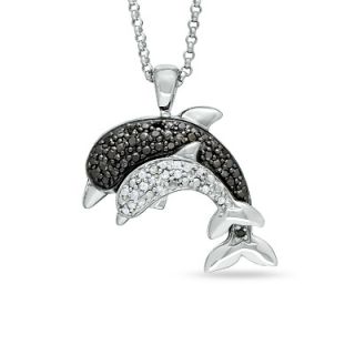 10 CT. T.W. Enhanced Black and White Diamond Two Dolphin Pendant in