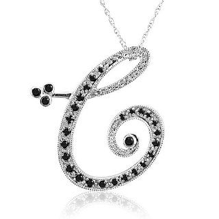 14k White Gold Alphabet Initial Letter C Black Diamond Pendant Necklace 0.18 carat: Jewelry
