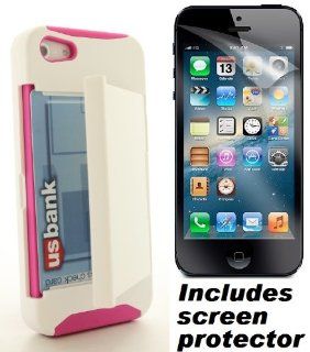 White Hot Pink Hard Soft Combo Dual Layer Hybrid Credit Card Holder Apple iPhone 5 Cover Case w/ Screen Protector: Cell Phones & Accessories
