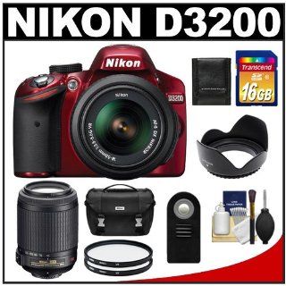 Nikon D3200 Digital SLR Camera & 18 55mm G VR DX AF S Zoom Lens (Red) with 55 200mm VR Lens + 16GB Card + Case + Filters + Remote + Accessory Kit : Digital Slr Camera Bundles : Camera & Photo