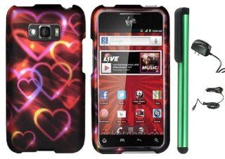 Neon Colorful Heart On Black Design Protector Hard Cover Case for LG Optimus Elite LS696 (Sprint, Virgin Mobile) + Luxmo Brand Travel (Wall) Charger & Car Charger + Combination 1 of New Metal Stylus Touch Screen Pen (4" Height, Random Color  Black
