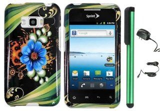 Blue Aqua Flower Green Stripes On Black Design Protector Hard Cover Case for LG Optimus Elite LS696 (Sprint, Virgin Mobile) + Luxmo Brand Travel (Wall) Charger & Car Charger + Combination 1 of New Metal Stylus Touch Screen Pen (4" Height, Random C