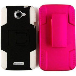 DOUBLE KICKSTAND + HOLSTER CASE FOR HTC ONE X S720E WHITE SKIN BLACK SNAP PINK HOLSTER: Cell Phones & Accessories