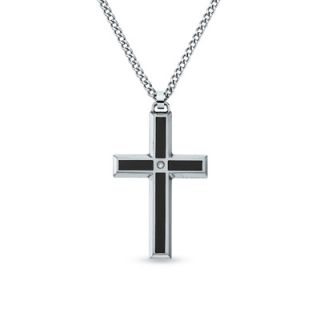 Mens Stainless Steel and Enamel Cross Pendant with Diamond Accents