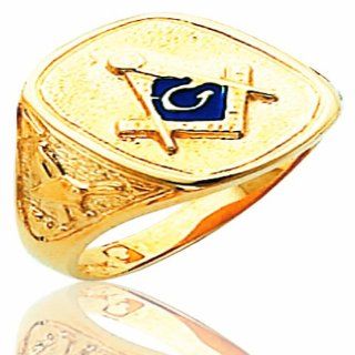 Men's 10K Yellow Gold Open Back Blue Stone Masonic Ring: Jewelry
