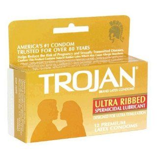 Trojan Ultra Ribbed Latex Condoms, Spermicidal Lubricant, 12 Count Boxes (Pack of 3) Health & Personal Care