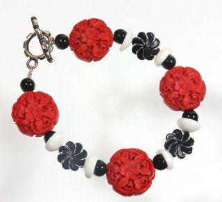 "Lucky in Life" Red and Black Chinese Flower Beaded Strand Bracelet, Silvertone, 7.5 Inches,: Smurph: Jewelry