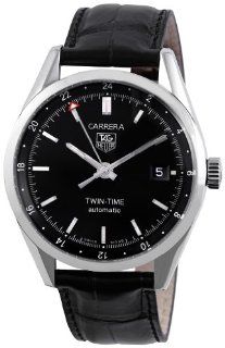 TAG Heuer Men's WV2115.FC6180 Carerra Calibre 7 Twin Time Automatic Black Dial Black Crocodile Watch: Tag Heuer: Watches