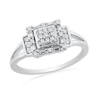 10KT White Gold Baguette and Round Diamond Square Fashion Ring (1/4 Cttw): Right Hand Rings: Jewelry