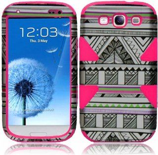 For Samsung Galaxy S3 i9300 i747 Dynamic Hot Pink Silicone With Antique Aztec Tribal Hard Impact Hybrid Fusion Tuff Double Layer Cover Case Cell Phones & Accessories