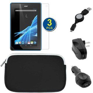BIRUGEAR Black Neoprene Zipper Storage Carrying Case plus USB Car & Wall Charger Adapters, Retractable USB Cable, 3pcs Screen Protectors for Acer Iconia B1 A71 New 7 inch Andriod Tablet: Cell Phones & Accessories