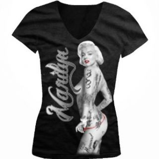 Sexy Red Thong Marilyn Monroe Ladies Junior Fit V neck T shirt, Gangsta Marilyn Monroe With Tattoos Thong Design Junior's V Neck Tee: Clothing