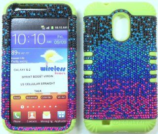 Heavy duty double impact hybrid Cover case Multi color Bling hard snap on over Lime Green soft silicone with Touch Pen, Zebra Earpiece, Winder and multi fiber cleaning cloth for SAMSUNG S2 Galaxy EPIC 4G TOUCH D710 R760 for SPRINT/BOOST MOBILE/VIRGIN MOBIL