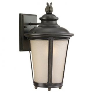 Sea Gull Lighting 89341BLE 780 Cape May   One Light Medium Outdoor Wall Sconce, Burled Iron Finish with Etched Hammered/Light Amber Glass   Wall Porch Lights  