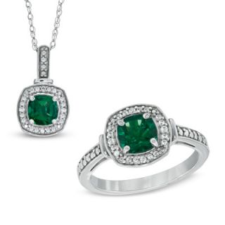 0mm Cushion Cut Lab Created Emerald and Lab Created White Sapphire
