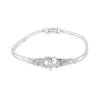 14k White Gold, 15 Anos Quinceanera Heart Bracelet with Lab Created Gems 13mm Wide: Jewelry
