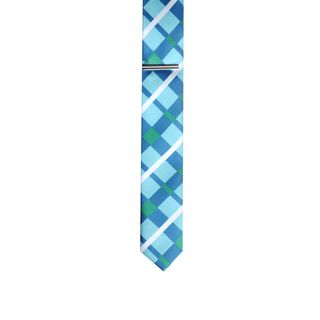 Skinny Tie Madness Mens Blue Plaid Skinny Tie With Tie Clip