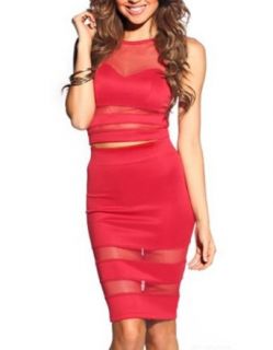 Womens Sexy Red Mesh High Waisted Cropped Top Two Pieces Bandage Bodycon Dress at  Womens Clothing store