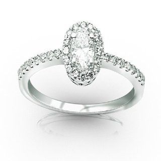IGI Certified 1/2 Carat Single Row Halo Diamond Engagement Ring Oval Cut/Shape Center Stone (D E Color, VS2 SI1): Jewelry