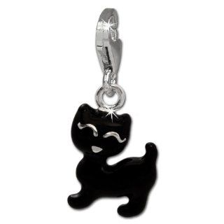 SilberDream Charm cat black enameled, 925 Sterling Silver Charms Pendant with Lobster Clasp for Charms Bracelet, Necklace or Earring FC828S: SilberDream: Jewelry