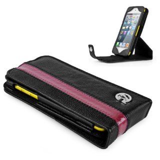 Wallet style Thick Grain Leatherette Leather Cover Case Black with Pink Carbon Fiber Stripe Vertical Stand Function for All Models of The Apple iPod Touch iTouch 5 (5G, 5th Generation, Black, Blue, Pink, White, Yellow, Red, 32GB, 64 GB, NEWEST MODEL) Cell